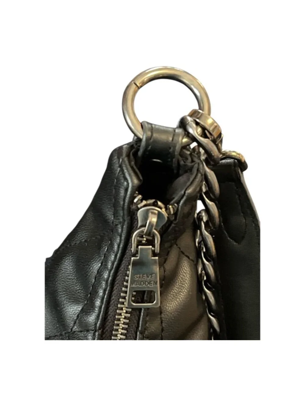 Steve Madden Quilted Black Shoulder Bag SM Logo Chain Strap Hobo Style